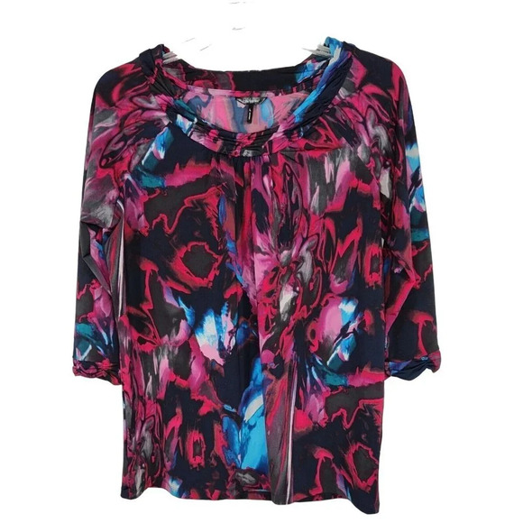 Daisy Fuentes Tunic Top Women Size L Blue Pink Red Colorful 3/4 Sleeve - Picture 1 of 7